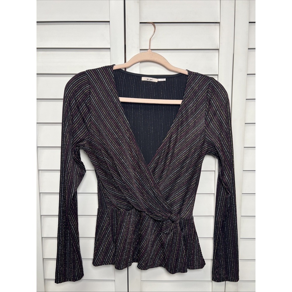Miami Metallic Striped V-Neck Long Sleeve Stretch Peplum Top Size Medium